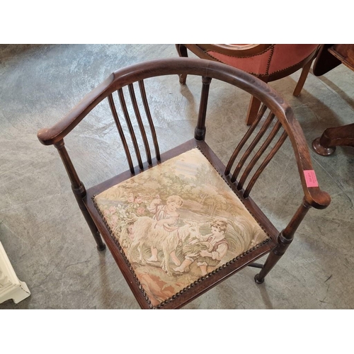 272 - Antique Wooden Corner Chair, Possibly Edwardian with Embroidered Padded Seat of Children & Goat, Ove... 