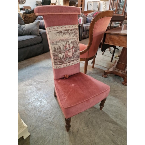 274 - Antique Upholstered Prayer Chair in Peach Colour Fabric with Embroidered Back Rest with Victorian Co... 