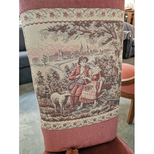 274 - Antique Upholstered Prayer Chair in Peach Colour Fabric with Embroidered Back Rest with Victorian Co... 