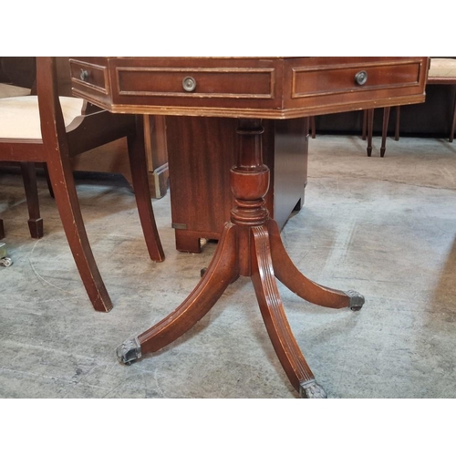 278 - Dark Wood Octagonal Shape Drum / Side Table with Drawer, Pedestal Base with 4-Legs and Brass Claw Fe... 