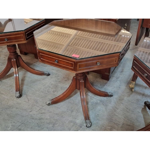 279 - Dark Wood Octagonal Shape Drum / Side Table with Drawer, Pedestal Base with 4-Legs and Brass Claw Fe... 