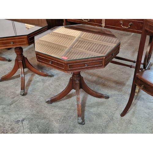 280 - Dark Wood Octagonal Shape Drum / Side Table with Drawer, Pedestal Base with 4-Legs and Brass Claw Fe... 