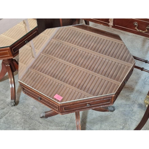 280 - Dark Wood Octagonal Shape Drum / Side Table with Drawer, Pedestal Base with 4-Legs and Brass Claw Fe... 