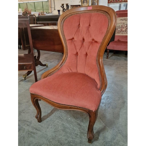 282 - Antique Spoon Back Bedroom / Nursing Chair with Mahogany Surround, Cabriole Legs and Button Back Stu... 