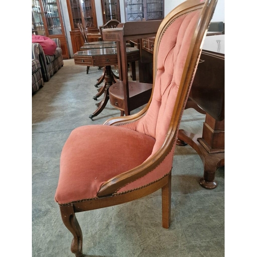 282 - Antique Spoon Back Bedroom / Nursing Chair with Mahogany Surround, Cabriole Legs and Button Back Stu... 