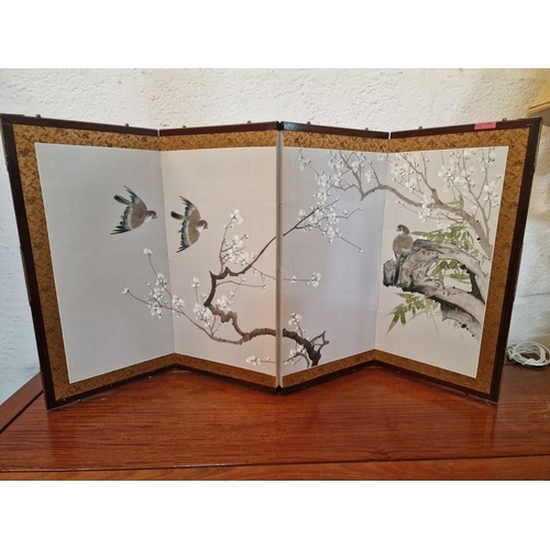 283 - Oriental Style 4-Part Folding Picture / Screen with Hand Painted Birds & Trees, (Approx. 121 x 61cm ... 