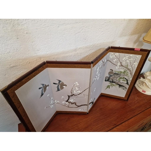 283 - Oriental Style 4-Part Folding Picture / Screen with Hand Painted Birds & Trees, (Approx. 121 x 61cm ... 