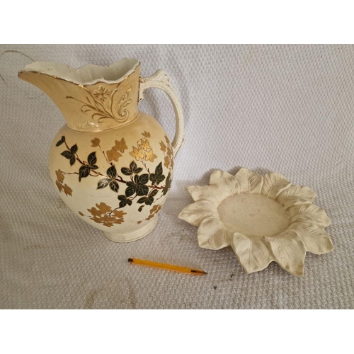 289 - Large Vintage Wash Jug with Floral Decoration, Together with Similar Porcelain Stand with Leaf Surro... 