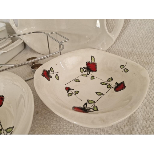 458 - Graduating Set of 4 Baking Dishes with Floral Pattern, 2 x Dishes with Red Flowers, Large White Serv... 