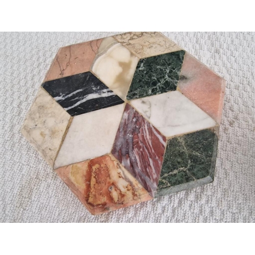 49 - Hexagonal Shape Multi-Colour Marble Base, Together with Marquetry Jewellery Box with Hinged Lid and ... 