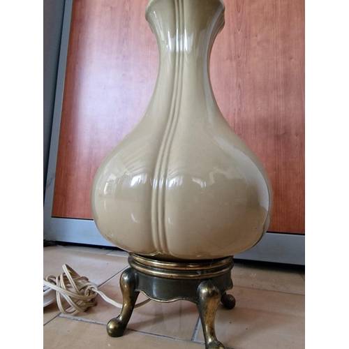 298 - Large Porcelain Table Lamp with Classical Style Brass 4-Footed Base, (No Shade)