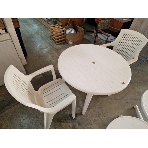 392 - White Plastic Garden Furniture; Round Table, 2 x Side Tables and 2 x Chairs, (5)