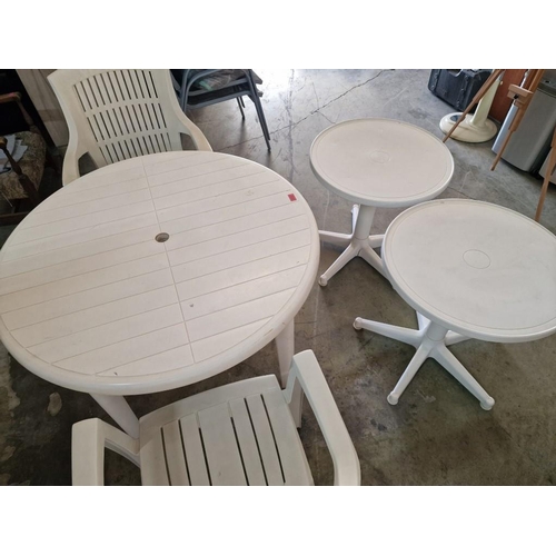 392 - White Plastic Garden Furniture; Round Table, 2 x Side Tables and 2 x Chairs, (5)