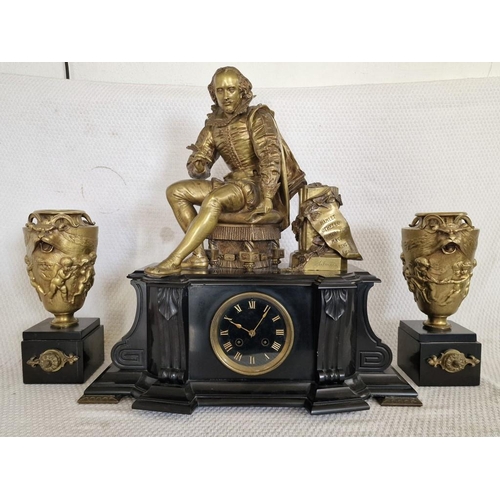 100 - Antique French Black Slat and Brass Figural Clock with Pair of Matching Garnitures; A Stunning Black... 