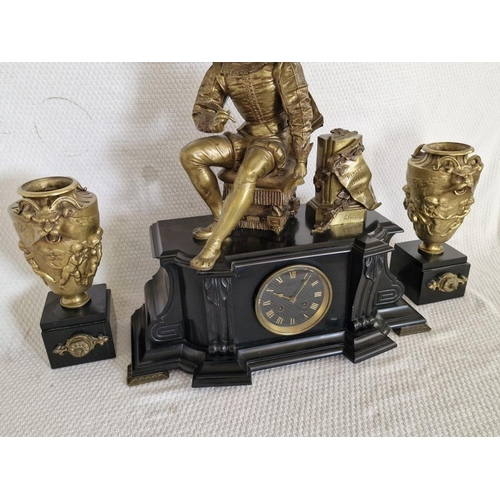 100 - Antique French Black Slat and Brass Figural Clock with Pair of Matching Garnitures; A Stunning Black... 