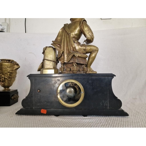 100 - Antique French Black Slat and Brass Figural Clock with Pair of Matching Garnitures; A Stunning Black... 