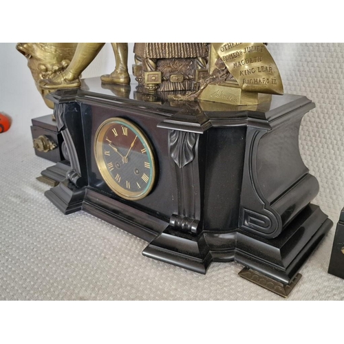 100 - Antique French Black Slat and Brass Figural Clock with Pair of Matching Garnitures; A Stunning Black... 