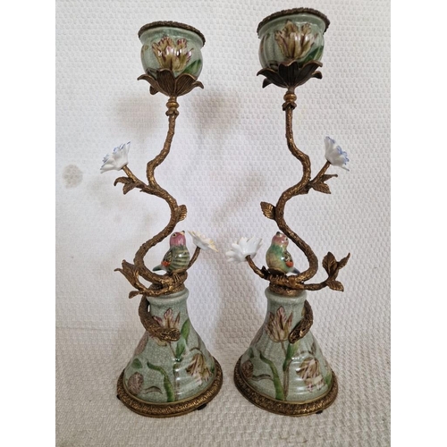 101 - Charming Pair of Brass and Porcelain Candlesticks, with Hand Painted Birds and Flowers on Ormolu Bra... 