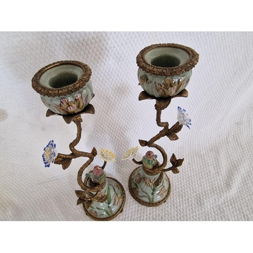 101 - Charming Pair of Brass and Porcelain Candlesticks, with Hand Painted Birds and Flowers on Ormolu Bra... 