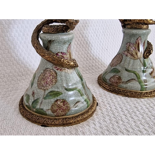 101 - Charming Pair of Brass and Porcelain Candlesticks, with Hand Painted Birds and Flowers on Ormolu Bra... 