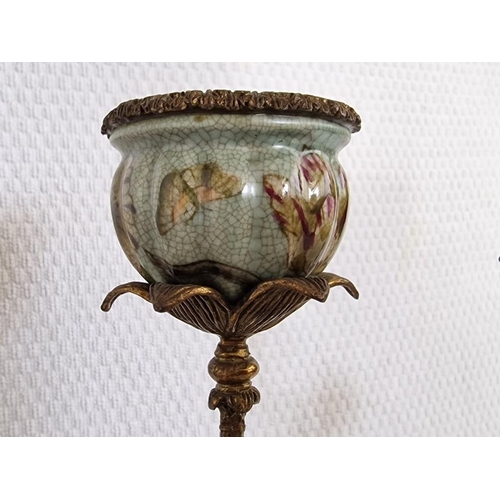 101 - Charming Pair of Brass and Porcelain Candlesticks, with Hand Painted Birds and Flowers on Ormolu Bra... 