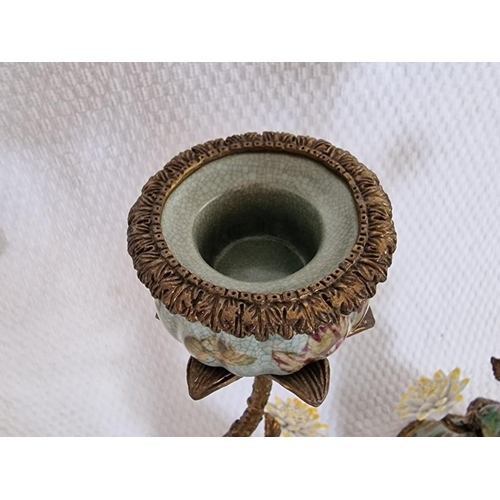 101 - Charming Pair of Brass and Porcelain Candlesticks, with Hand Painted Birds and Flowers on Ormolu Bra... 