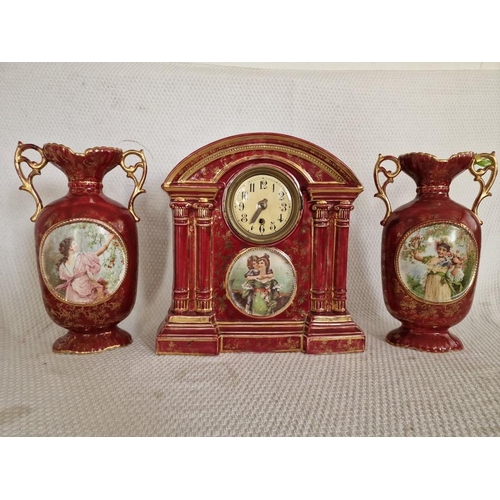 104 - Antique 'Empire Works' Porcelain Mantle Clock with Pair of Matching Vases; Burgundy Red Colour with ... 