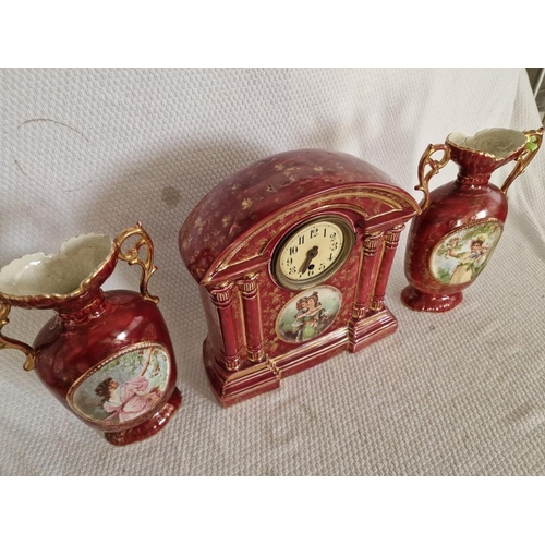 104 - Antique 'Empire Works' Porcelain Mantle Clock with Pair of Matching Vases; Burgundy Red Colour with ... 