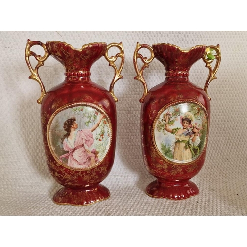 104 - Antique 'Empire Works' Porcelain Mantle Clock with Pair of Matching Vases; Burgundy Red Colour with ... 