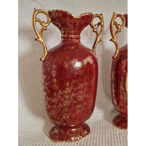 104 - Antique 'Empire Works' Porcelain Mantle Clock with Pair of Matching Vases; Burgundy Red Colour with ... 