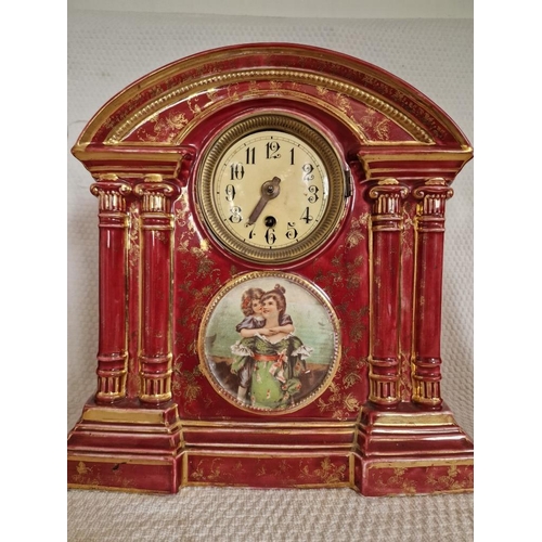 104 - Antique 'Empire Works' Porcelain Mantle Clock with Pair of Matching Vases; Burgundy Red Colour with ... 