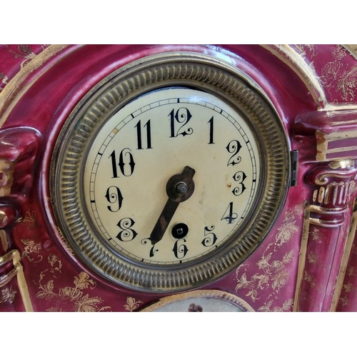 104 - Antique 'Empire Works' Porcelain Mantle Clock with Pair of Matching Vases; Burgundy Red Colour with ... 