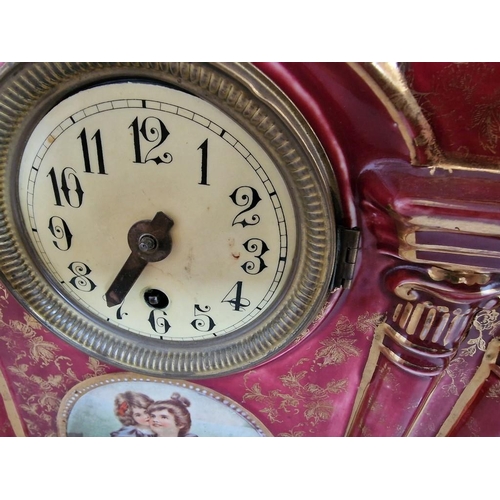 104 - Antique 'Empire Works' Porcelain Mantle Clock with Pair of Matching Vases; Burgundy Red Colour with ... 