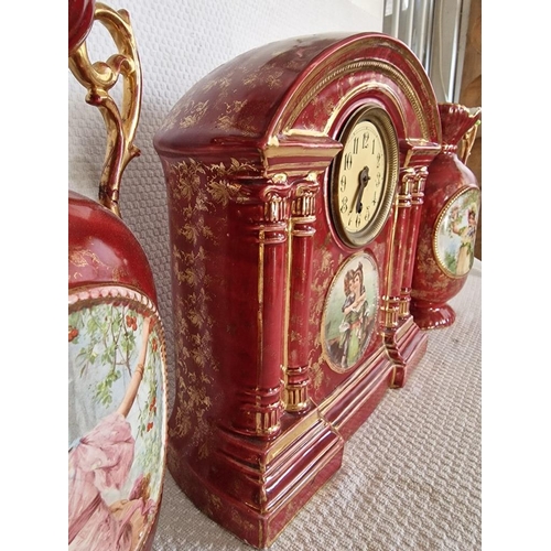 104 - Antique 'Empire Works' Porcelain Mantle Clock with Pair of Matching Vases; Burgundy Red Colour with ... 