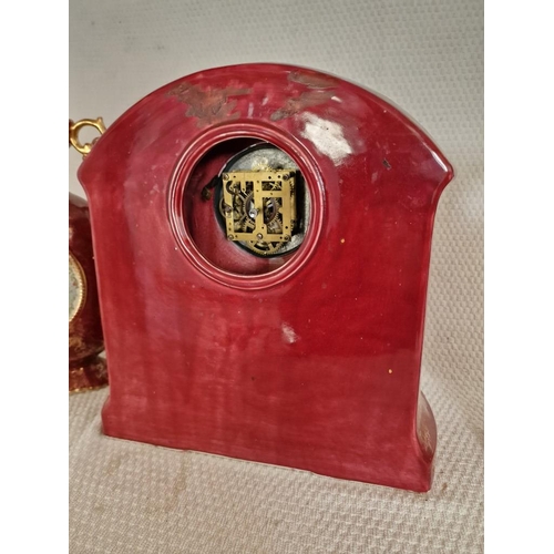 104 - Antique 'Empire Works' Porcelain Mantle Clock with Pair of Matching Vases; Burgundy Red Colour with ... 