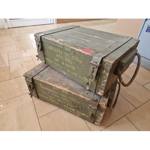 27 - 2 x Solid Wood Vintage Ammunition Boxes with Hinged Lid, (Approx. 47 x 32 x 18cm), (2)