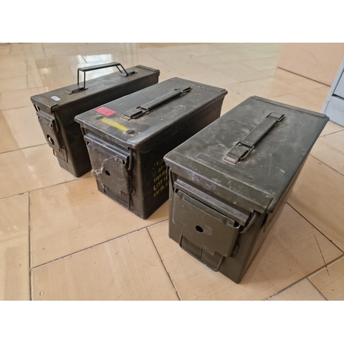 28 - 3 x Metal Ammunition Boxes with Hinged Lids, (2 x Larger: 31 x 16 x 18cm, and 1 Smaller)