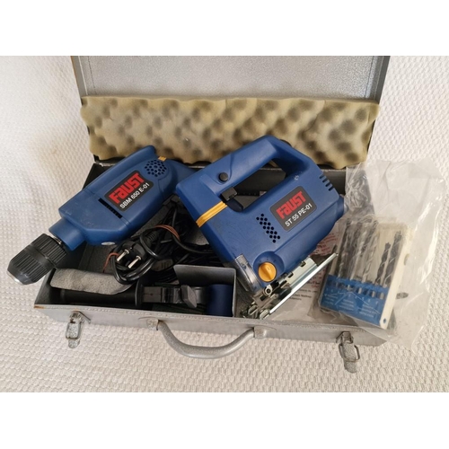 47 - 2 x 'Faust' Power Tools; Electric Drill (SBM 650 E-01) and Jigsaw (ST 55 PE-01) in Metal Carry Case