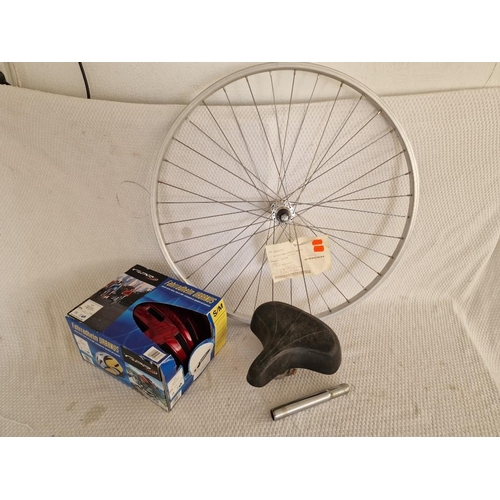 53 - Bicycle Wheel, Helmet with Original Box and Saddle, (3)