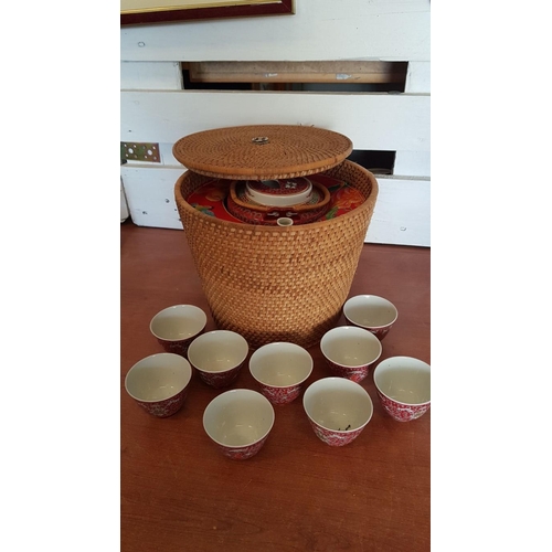 141 - 'Famille Rose, Mun Shou Jingdezhen' Chinese Tea Set in Wicker Basket, with Tea Pot and 9 x Tea Cups