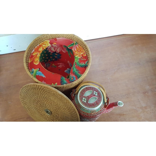 141 - 'Famille Rose, Mun Shou Jingdezhen' Chinese Tea Set in Wicker Basket, with Tea Pot and 9 x Tea Cups