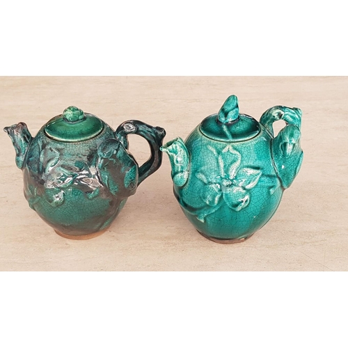 145 - Pair of Antique Green Earthenware Tea Pots, 'Parrot' Design Glazed Ceramic, Hand Made in Traditional... 