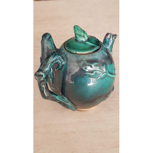 145 - Pair of Antique Green Earthenware Tea Pots, 'Parrot' Design Glazed Ceramic, Hand Made in Traditional... 