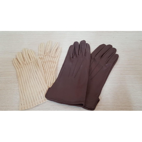 155 - 2 x Pairs of Retro Ladies Gloves; Ivory Summer Fabric and Brown Autumn / Winter Leather, (2)