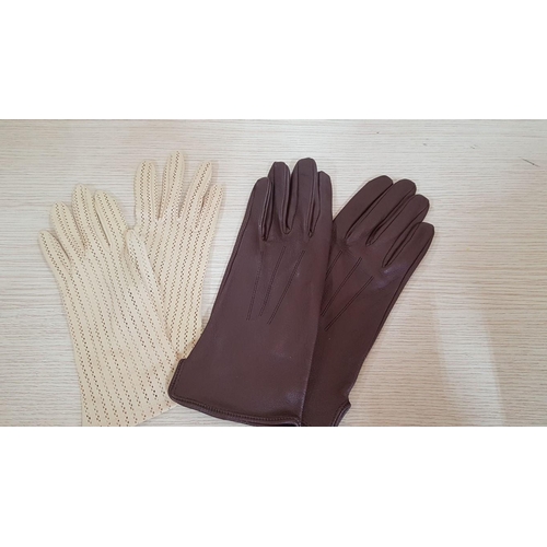 155 - 2 x Pairs of Retro Ladies Gloves; Ivory Summer Fabric and Brown Autumn / Winter Leather, (2)