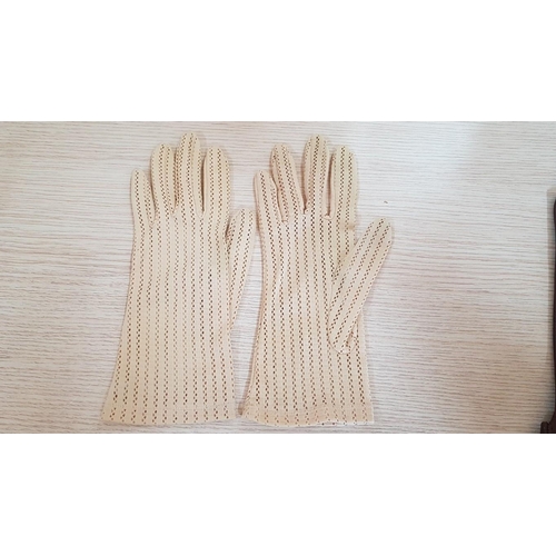 155 - 2 x Pairs of Retro Ladies Gloves; Ivory Summer Fabric and Brown Autumn / Winter Leather, (2)