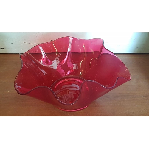 213 - Ruby Red Colour Modern Irregular Shape Glass Bowl, (Approx. Ø: 30cm, H: 15cm Overall)