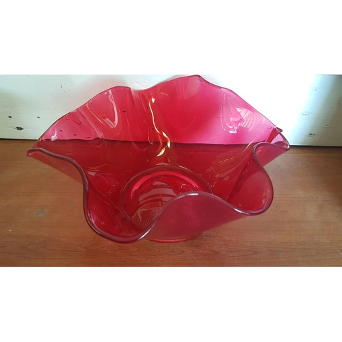 213 - Ruby Red Colour Modern Irregular Shape Glass Bowl, (Approx. Ø: 30cm, H: 15cm Overall)