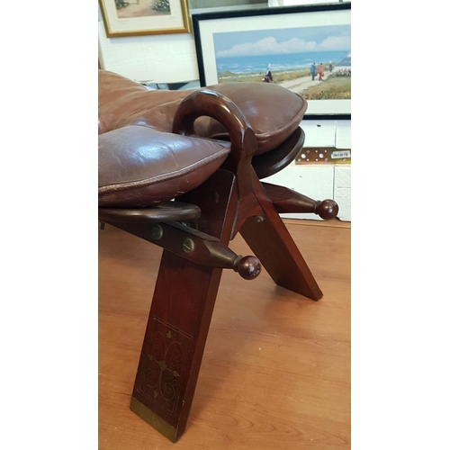 217 - Middle Eastern Wood & Leather Camel Stool / Saddle Stool with Inlaid Brass Decoration