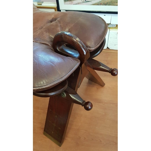 217 - Middle Eastern Wood & Leather Camel Stool / Saddle Stool with Inlaid Brass Decoration